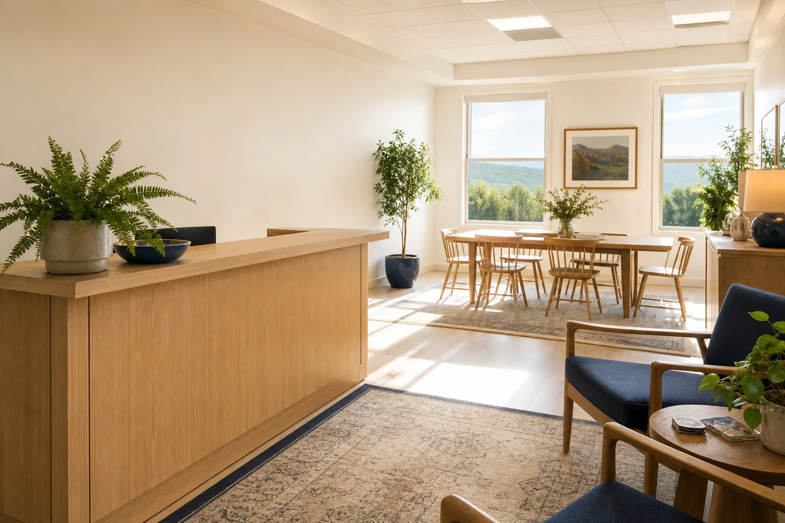 A shared office lobby and common area kept clean