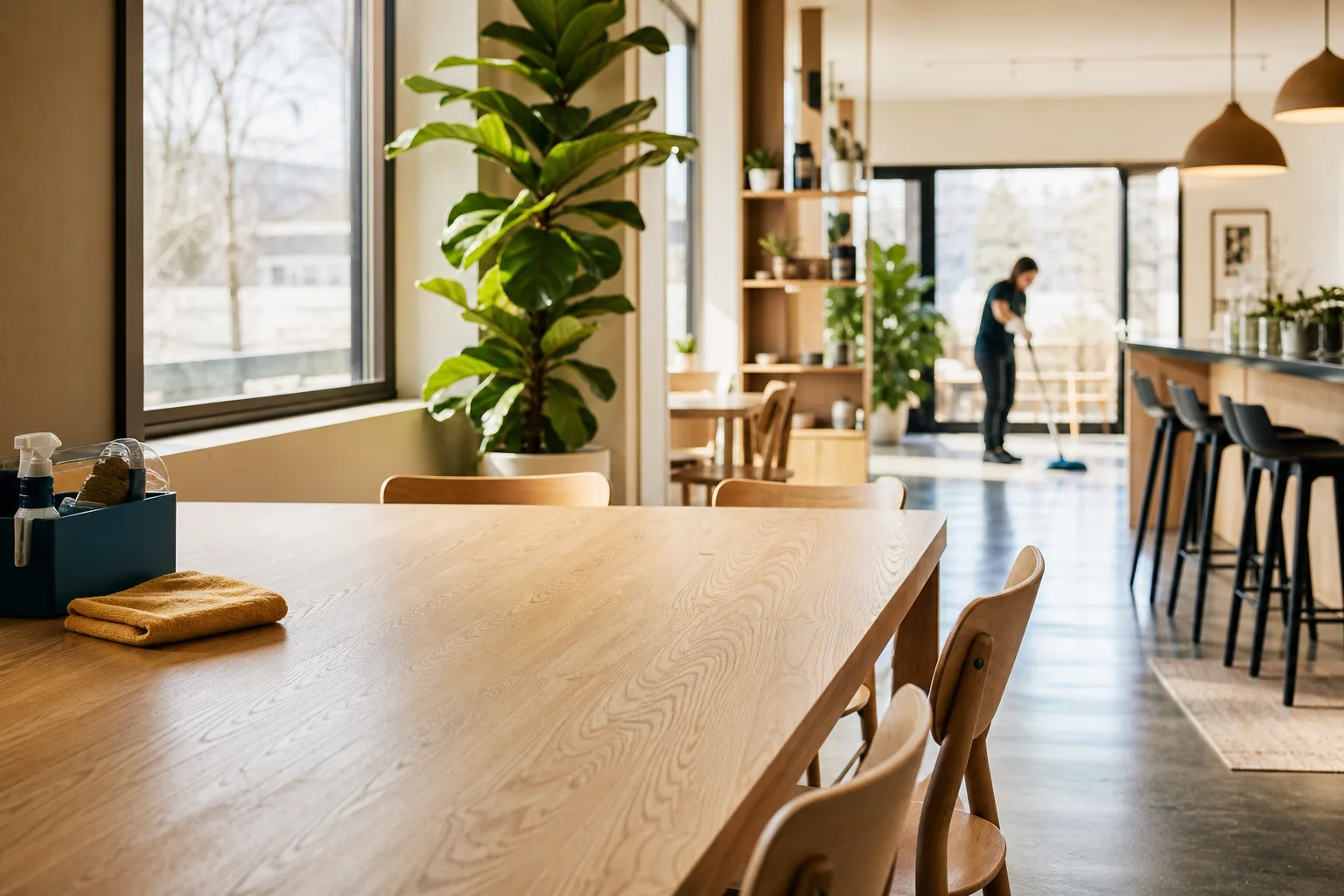 A café dining room cleaned and reset before opening